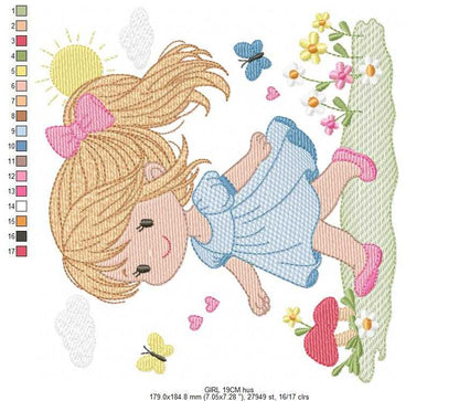 Girl with long hair embroidery design - Princess with ponytail machine embroidery pattern - Baby Girl with dress and flowers - Instant digital download pes - Marcia Embroidery