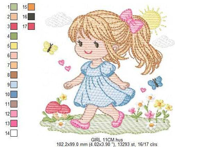 Girl with long hair embroidery design - Princess with ponytail machine embroidery pattern - Baby Girl with dress and flowers - Instant digital download pes - Marcia Embroidery