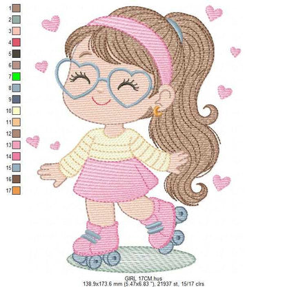 Girl with skates embroidery design - Baby girl with glasses machine embroidery pattern - Girl with Rollerblades file - Instant download - Marcia Embroidery