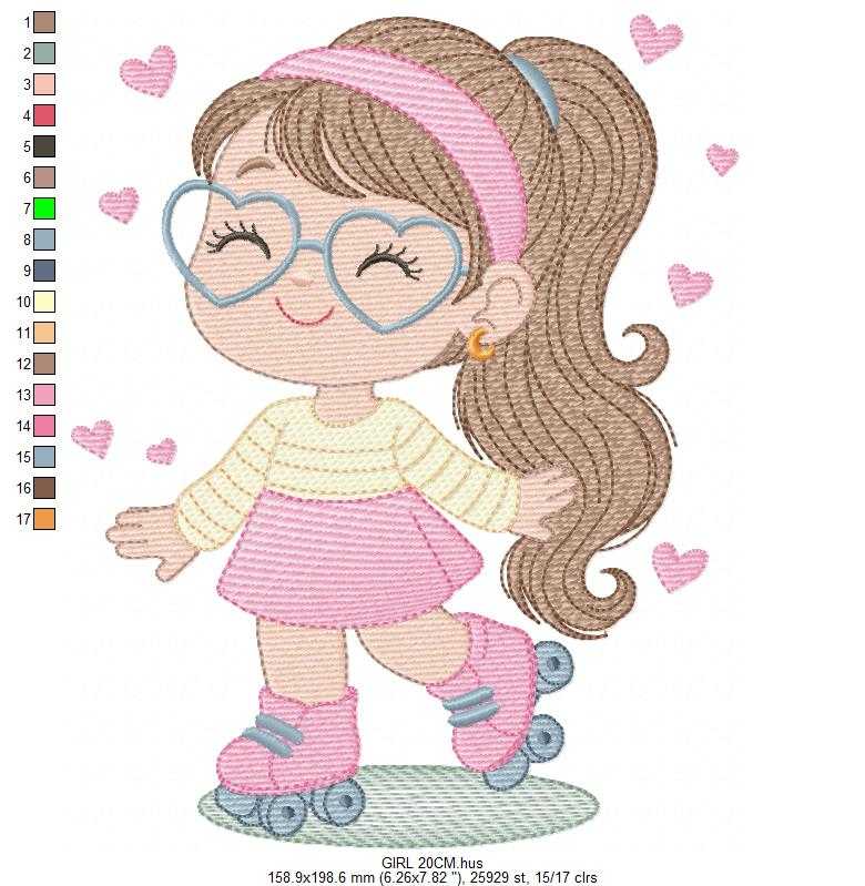 Girl with skates embroidery design - Baby girl with glasses machine embroidery pattern - Girl with Rollerblades file - Instant download - Marcia Embroidery