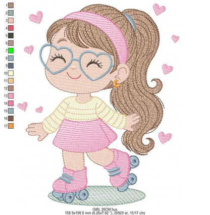 Girl with skates embroidery design - Baby girl with glasses machine embroidery pattern - Girl with Rollerblades file - Instant download - Marcia Embroidery