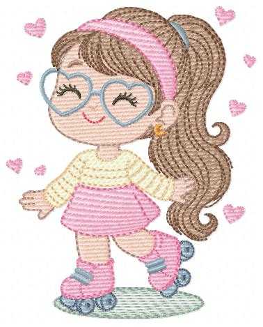 Girl with skates embroidery design - Baby girl with glasses machine embroidery pattern - Girl with Rollerblades file - Instant download - Marcia Embroidery
