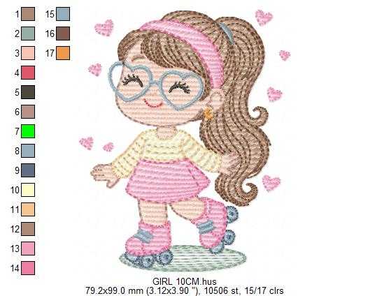 Girl with skates embroidery design - Baby girl with glasses machine embroidery pattern - Girl with Rollerblades file - Instant download - Marcia Embroidery
