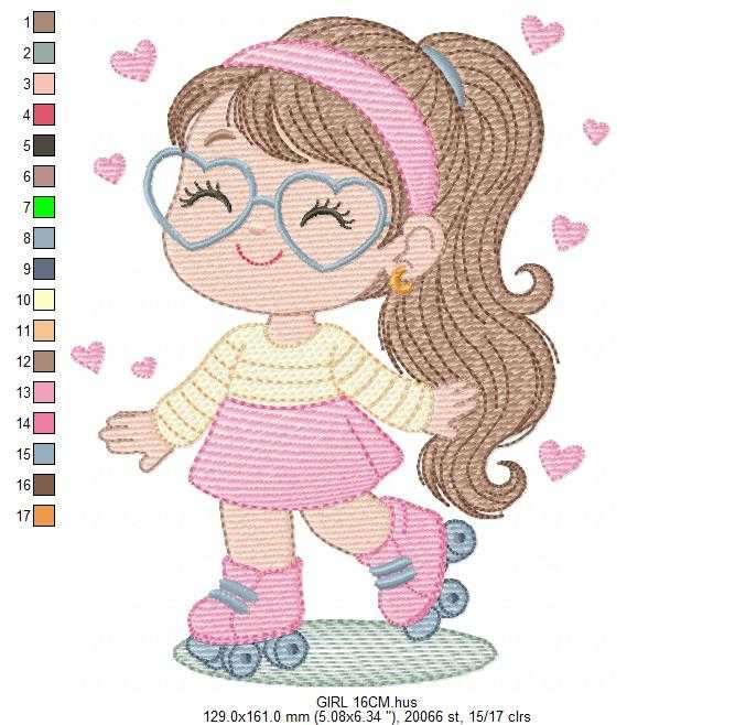 Girl with skates embroidery design - Baby girl with glasses machine embroidery pattern - Girl with Rollerblades file - Instant download - Marcia Embroidery