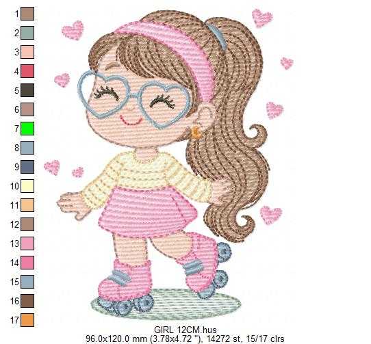 Girl with skates embroidery design - Baby girl with glasses machine embroidery pattern - Girl with Rollerblades file - Instant download - Marcia Embroidery