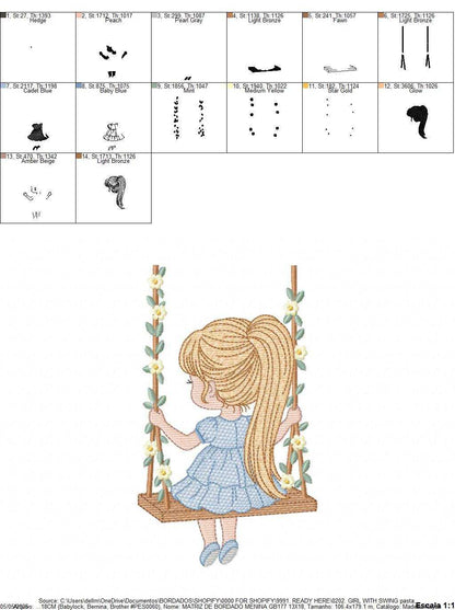 Girl with swing embroidery design - Baby girl machine embroidery pattern - Spring garden embroidery file - Instant digital download pes jef - Marcia Embroidery