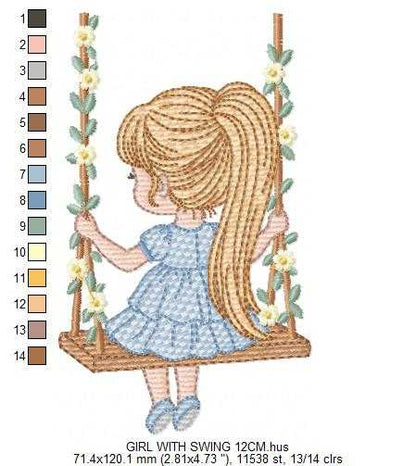 Girl with swing embroidery design - Baby girl machine embroidery pattern - Spring garden embroidery file - Instant digital download pes jef - Marcia Embroidery