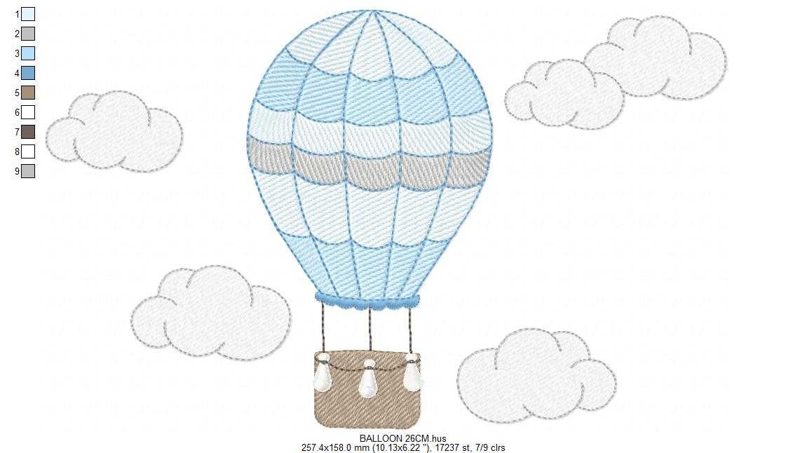 Hot air Balloon embroidery design - Blue Balloon with clouds machine embroidery pattern - Baby Boy and Girl file - Instant digital download pes jef dst - Marcia Embroidery