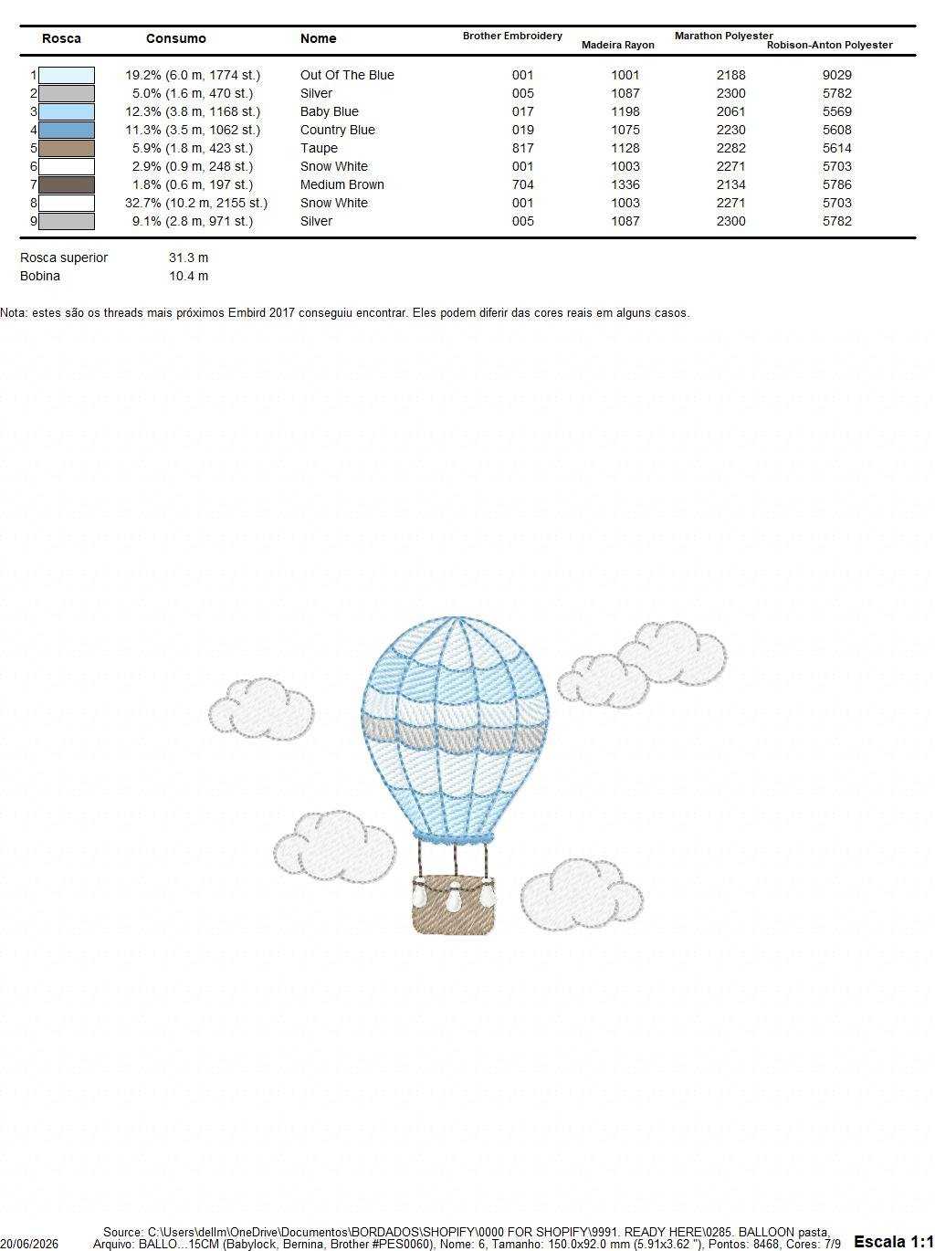 Hot air Balloon embroidery design - Blue Balloon with clouds machine embroidery pattern - Baby Boy and Girl file - Instant digital download pes jef dst - Marcia Embroidery