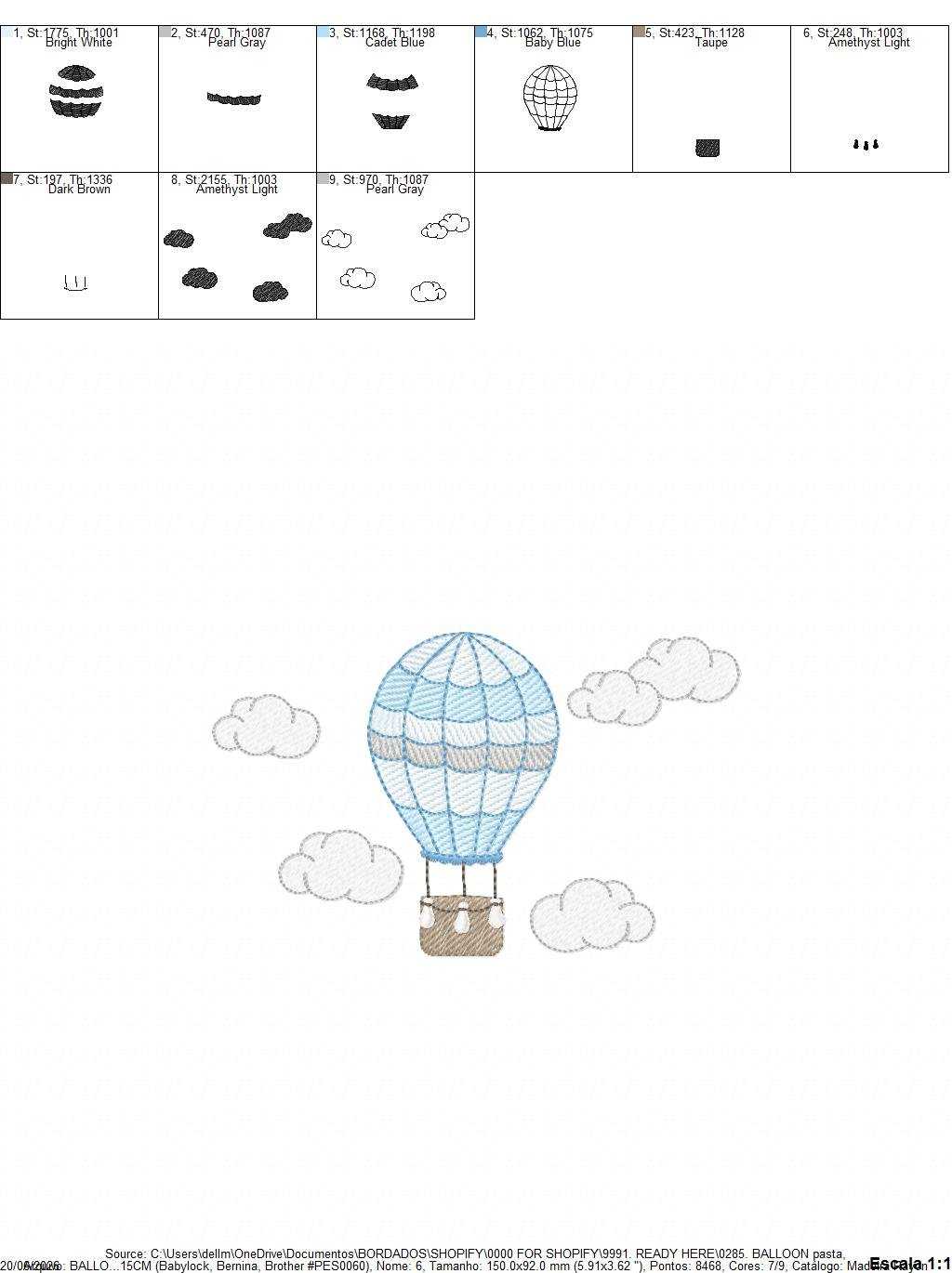 Hot air Balloon embroidery design - Blue Balloon with clouds machine embroidery pattern - Baby Boy and Girl file - Instant digital download pes jef dst - Marcia Embroidery