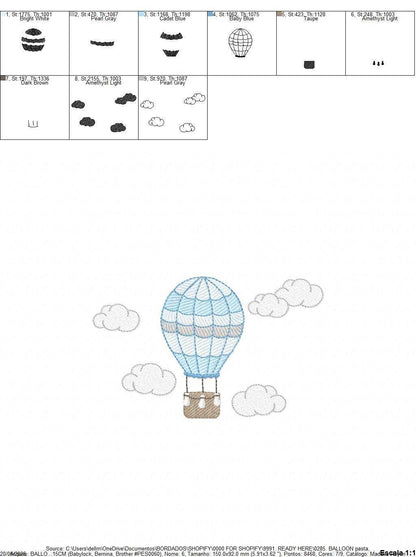 Hot air Balloon embroidery design - Blue Balloon with clouds machine embroidery pattern - Baby Boy and Girl file - Instant digital download pes jef dst - Marcia Embroidery