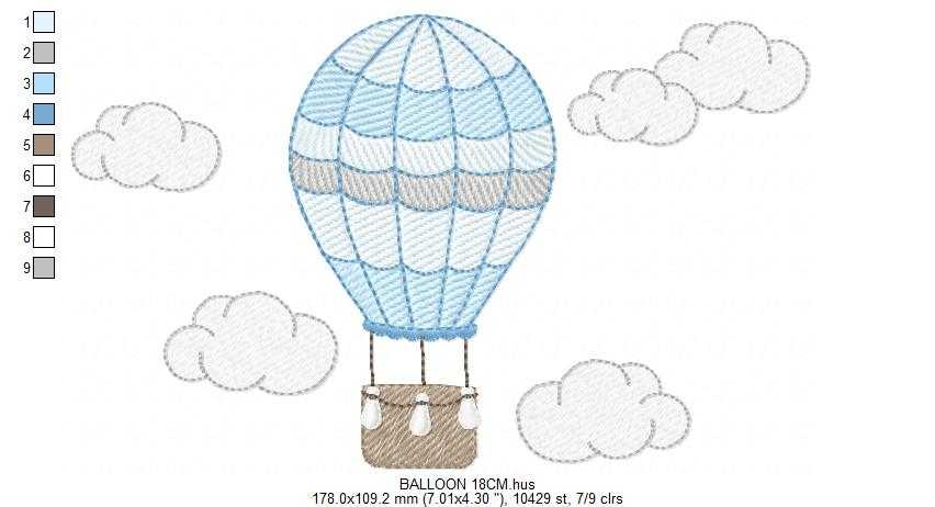 Hot air Balloon embroidery design - Blue Balloon with clouds machine embroidery pattern - Baby Boy and Girl file - Instant digital download pes jef dst - Marcia Embroidery