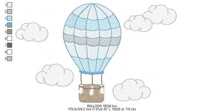 Hot air Balloon embroidery design - Blue Balloon with clouds machine embroidery pattern - Baby Boy and Girl file - Instant digital download pes jef dst - Marcia Embroidery