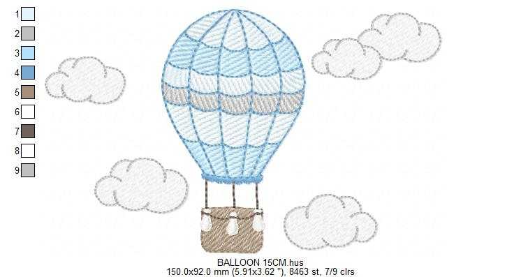 Hot air Balloon embroidery design - Blue Balloon with clouds machine embroidery pattern - Baby Boy and Girl file - Instant digital download pes jef dst - Marcia Embroidery