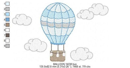 Hot air Balloon embroidery design - Blue Balloon with clouds machine embroidery pattern - Baby Boy and Girl file - Instant digital download pes jef dst - Marcia Embroidery
