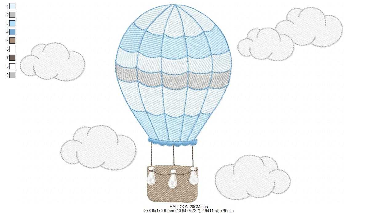 Hot air Balloon embroidery design - Blue Balloon with clouds machine embroidery pattern - Baby Boy and Girl file - Instant digital download pes jef dst - Marcia Embroidery