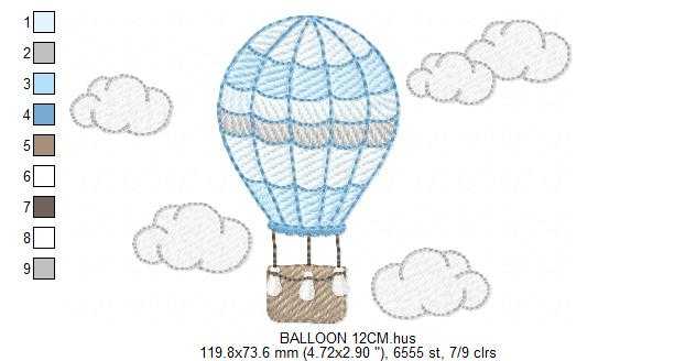 Hot air Balloon embroidery design - Blue Balloon with clouds machine embroidery pattern - Baby Boy and Girl file - Instant digital download pes jef dst - Marcia Embroidery