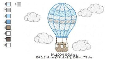 Hot air Balloon embroidery design - Blue Balloon with clouds machine embroidery pattern - Baby Boy and Girl file - Instant digital download pes jef dst - Marcia Embroidery