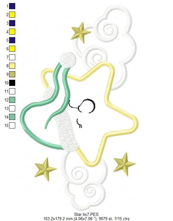 Star with cloud embroidery designs - Sleeping Star embroidery design machine embroidery pattern - Star applique design - kid embroidery file