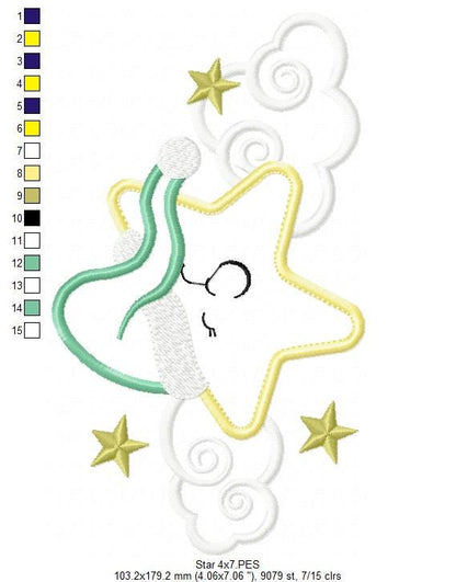 Star with cloud embroidery designs - Sleeping Star embroidery design machine embroidery pattern - Star applique design - kid embroidery file