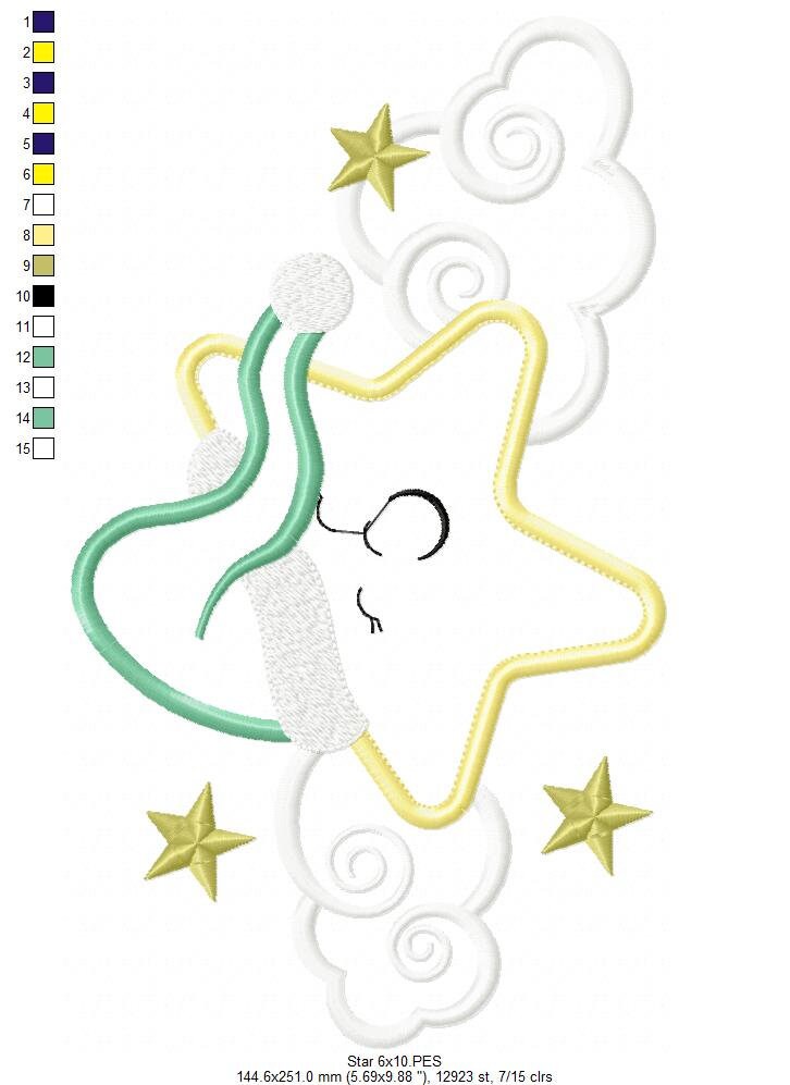 Star with cloud embroidery designs - Sleeping Star embroidery design machine embroidery pattern - Star applique design - kid embroidery file