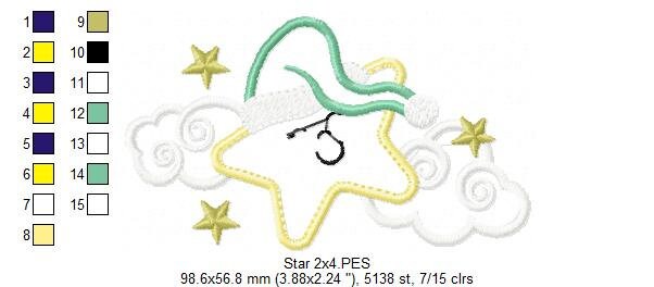 Star with cloud embroidery designs - Sleeping Star embroidery design machine embroidery pattern - Star applique design - kid embroidery file