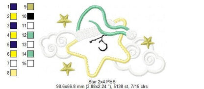 Star with cloud embroidery designs - Sleeping Star embroidery design machine embroidery pattern - Star applique design - kid embroidery file