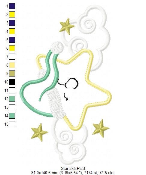 Star with cloud embroidery designs - Sleeping Star embroidery design machine embroidery pattern - Star applique design - kid embroidery file