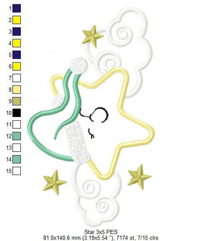 Star with cloud embroidery designs - Sleeping Star embroidery design machine embroidery pattern - Star applique design - kid embroidery file