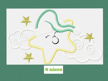 Star with cloud embroidery designs - Sleeping Star embroidery design machine embroidery pattern - Star applique design - kid embroidery file