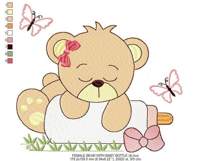 Baby Bear with bottle embroidery designs - Sleeping Teddy embroidery design machine embroidery pattern - Boy and girl - Instant download pes
