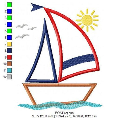 Boat embroidery designs - Sailboat applique machine embroidery pattern - Ocean Nautical file - Instant digital download pes jef dst hus vp3
