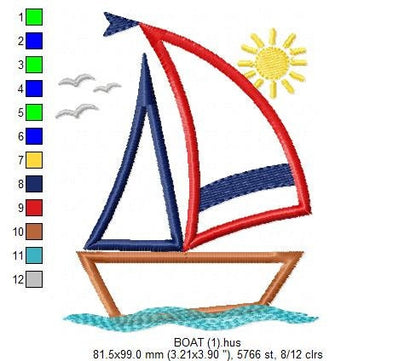 Boat embroidery designs - Sailboat applique machine embroidery pattern - Ocean Nautical file - Instant digital download pes jef dst hus vp3