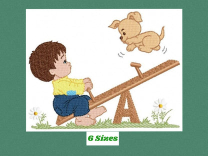 Boy embroidery designs - Dog embroidery design machine embroidery pattern - boy on swing embroidery file - kid embroidery filled design pes