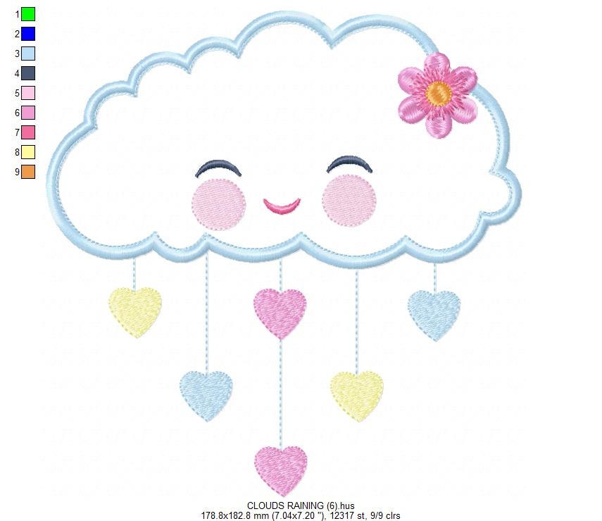 Cloud embroidery design - Rain of hearts machine embroidery pattern - Baby girl cloud applique with flower file - Instant download pes jef