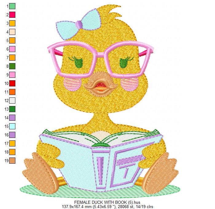 Reading Duck with glasses embroidery design - Duck machine embroidery pattern - Baby boy and girl file - Instant digital download pes jef dst