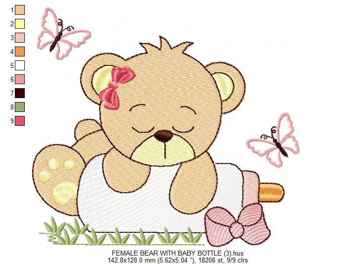 Baby Bear with bottle embroidery designs - Sleeping Teddy embroidery design machine embroidery pattern - Boy and girl - Instant download pes