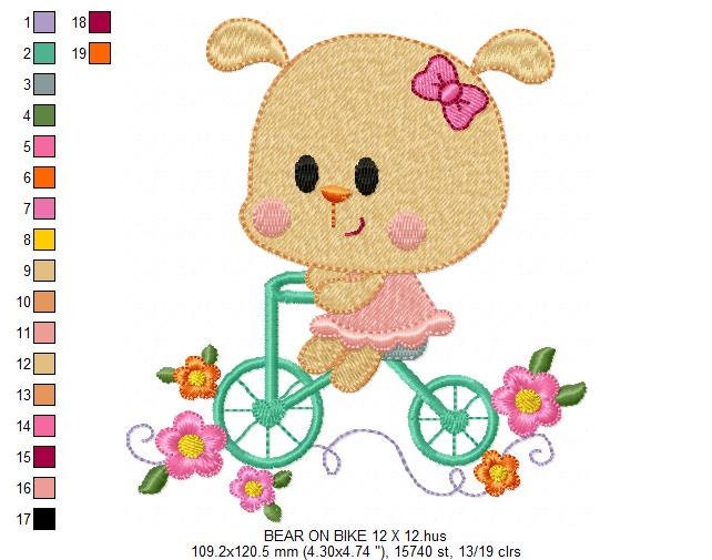 Bear embroidery designs - Baby Girl embroidery design machine embroidery pattern - Bear in a bike embroidery filled design digital download Marcia Embroidery