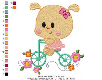 Bear embroidery designs - Baby Girl embroidery design machine embroidery pattern - Bear in a bike embroidery filled design digital download Marcia Embroidery
