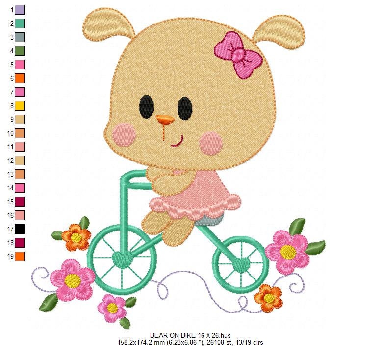 Bear embroidery designs - Baby Girl embroidery design machine embroidery pattern - Bear in a bike embroidery filled design digital download Marcia Embroidery