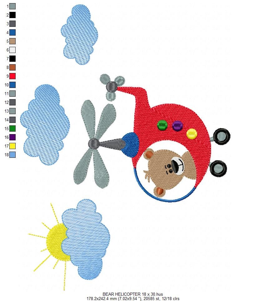 Helicopter embroidery designs - Bear embroidery design machine embroidery pattern - Baby boy embroidery file - Pilot bear design chopper