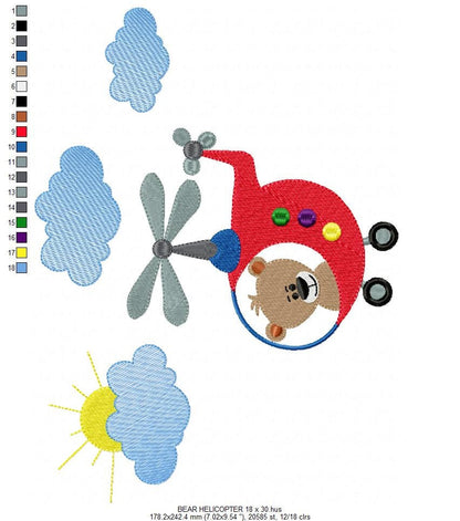 Helicopter embroidery designs - Bear embroidery design machine embroidery pattern - Baby boy embroidery file - Pilot bear design chopper