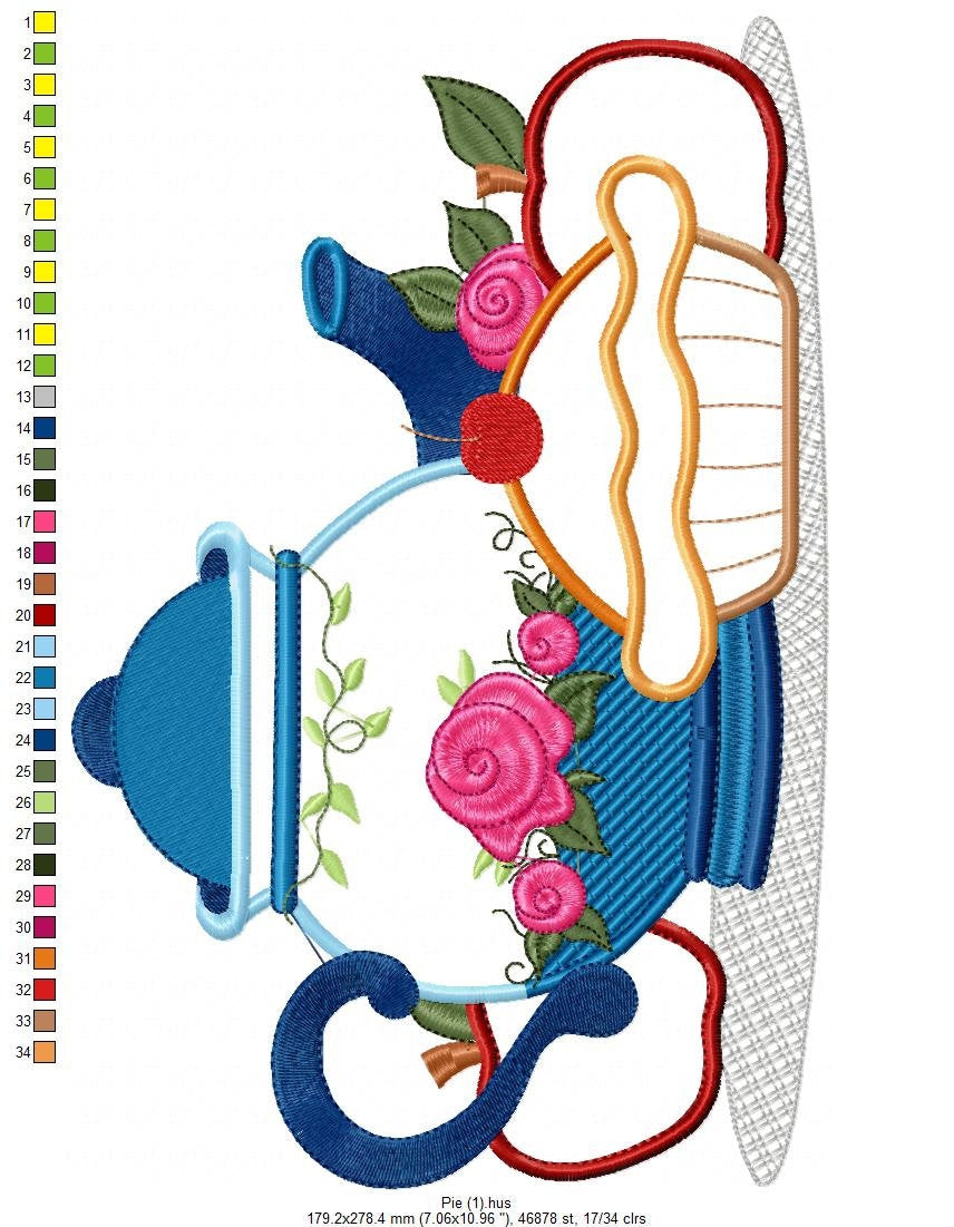 Pie embroidery design - Teapot applique machine embroidery pattern - Kitchen Towel file - Apple pie applique - Instant download pes jef dst