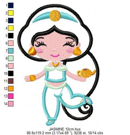 Jasmine embroidery designs - Princess embroidery design machine embroidery pattern - Princess applique design - Aladdin Disney embroidery