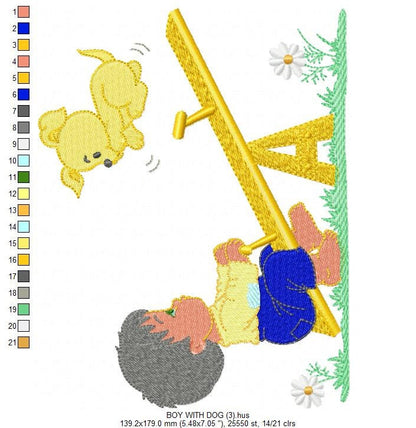 Boy embroidery designs - Dog embroidery design machine embroidery pattern - boy on swing embroidery file - kid embroidery filled design pes