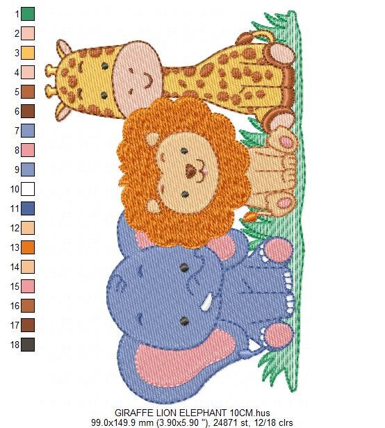 Safari wild animals embroidery designs - Elephant Lion and Giraffe machine pattern - Baby boy and girl file - Instant digital download pes