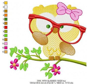 Owl embroidery design - Owl with glasses embroidery design machine embroidery pattern - bird embroidery file school teacher digital download