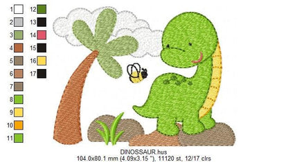 Dinosaur embroidery designs - Dino with coconut tree machine embroidery pattern - Baby boy file brontosaurus - Instant download pes jef dst