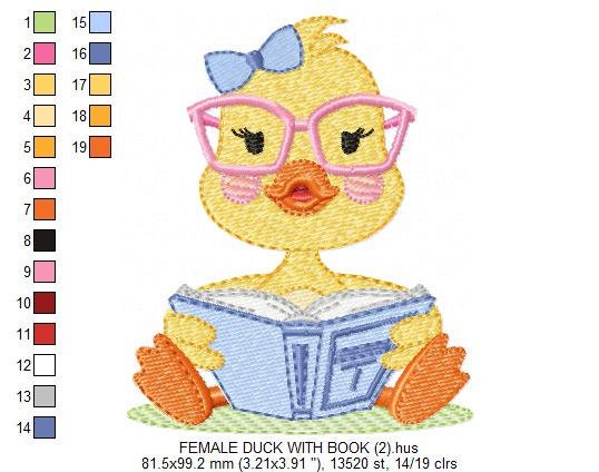 Reading Duck with glasses embroidery design - Duck machine embroidery pattern - Baby boy and girl file - Instant digital download pes jef dst