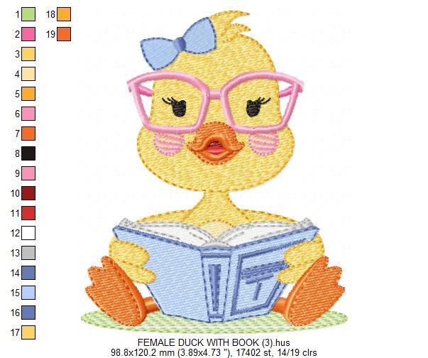 Reading Duck with glasses embroidery design - Duck machine embroidery pattern - Baby boy and girl file - Instant digital download pes jef dst